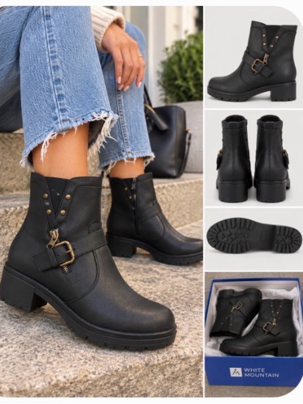 NIB White Mountain Black Faux-Leather Ankle Combat Boot with Buckle